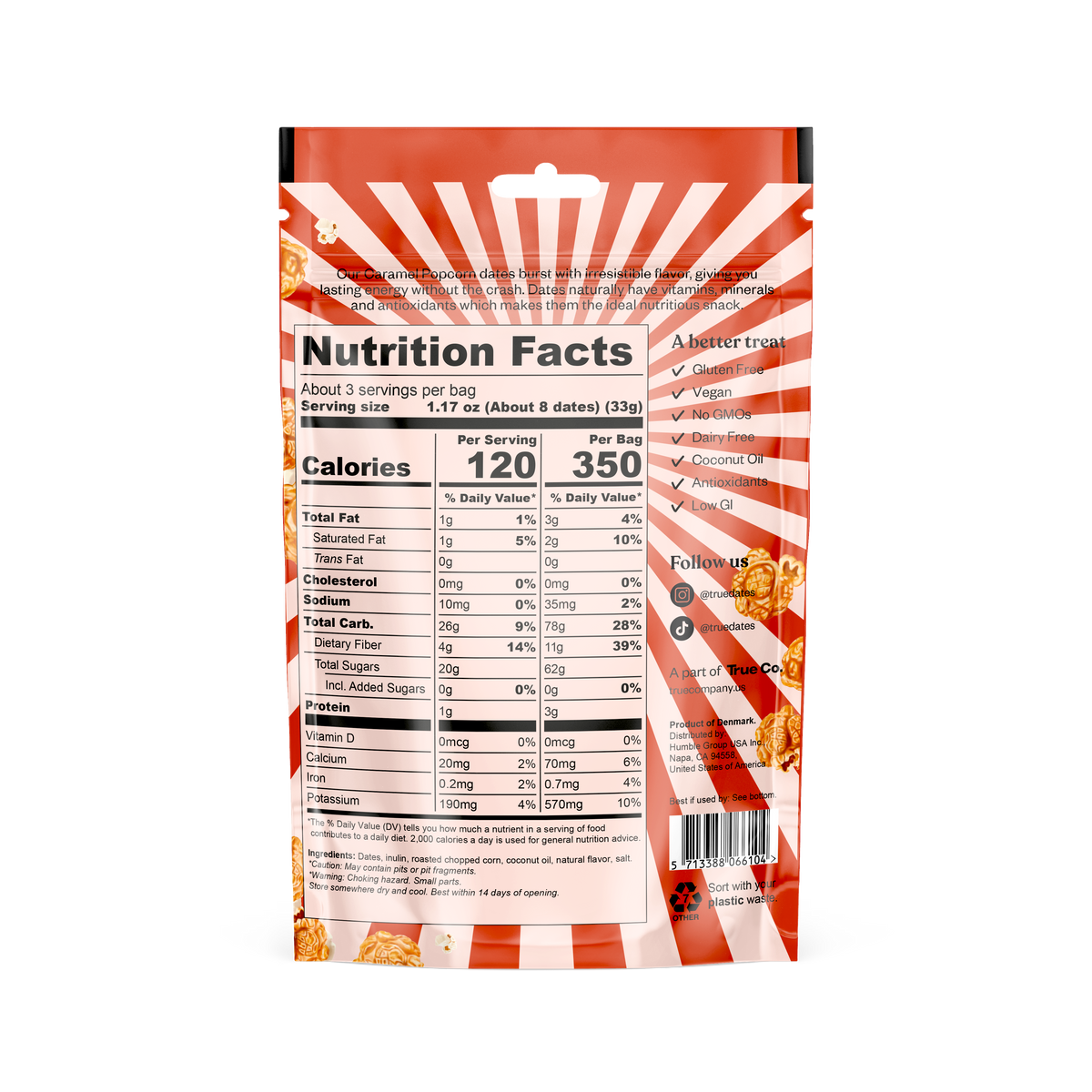 True Dates Caramel Popcorn back package with ingredients and nutrition facts