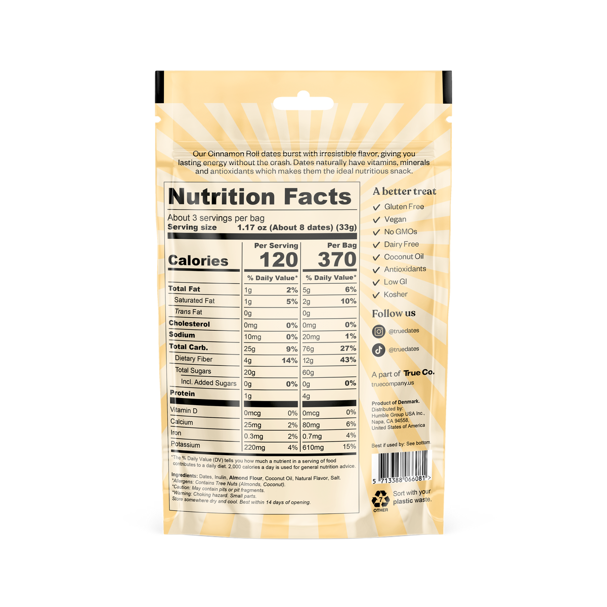 True Dates Cinnamon Roll back package with ingredients and nutrition facts