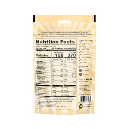 True Dates Cinnamon Roll back package with ingredients and nutrition facts