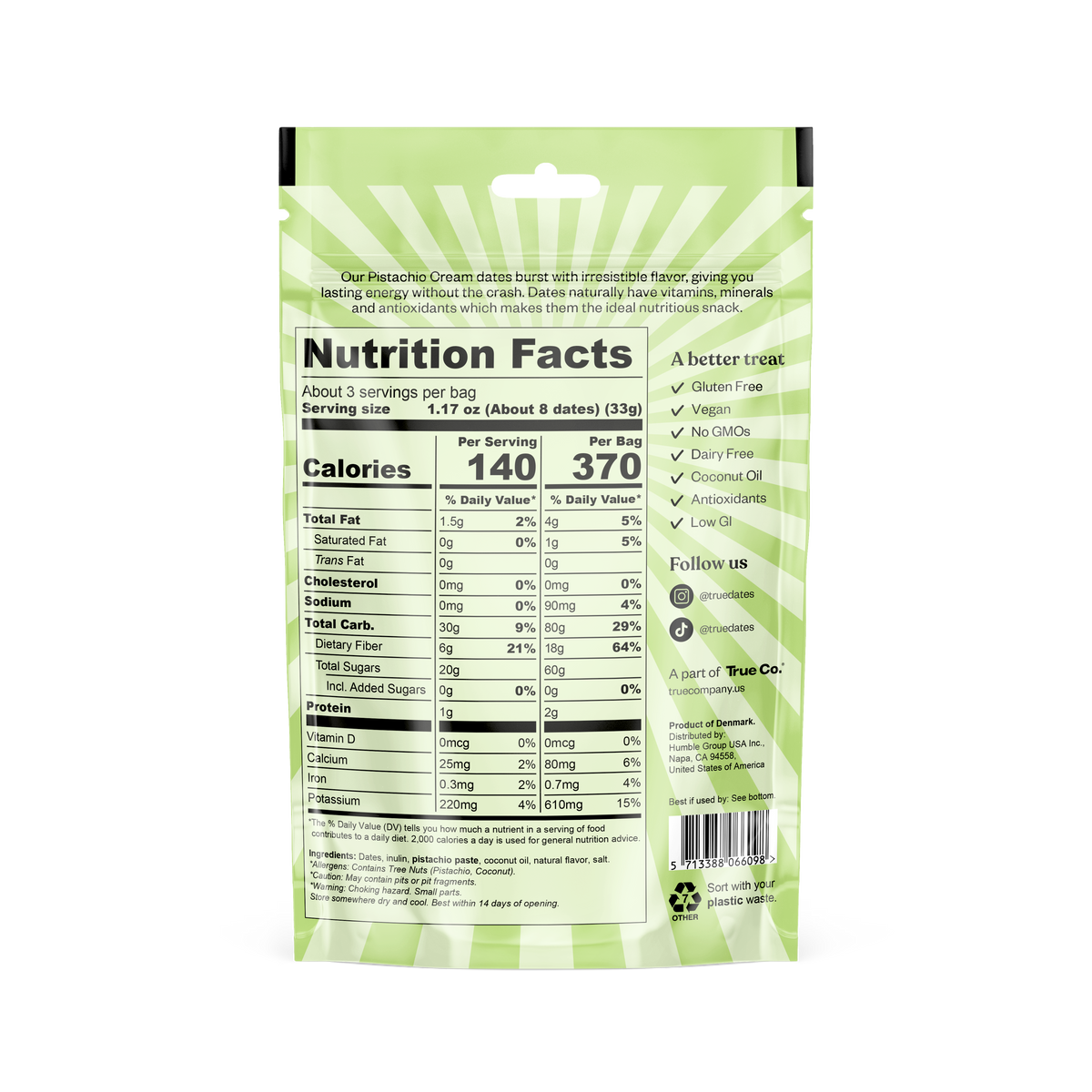 True Dates Pistachio Cream back package with ingredients and nutrition facts