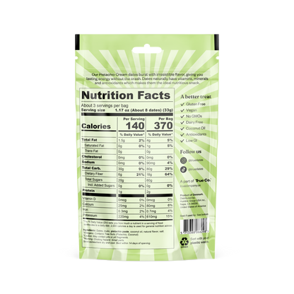 True Dates Pistachio Cream back package with ingredients and nutrition facts