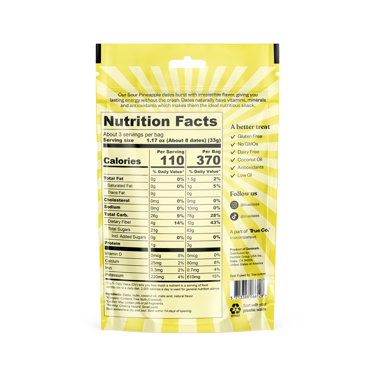 True Dates Sour Pineapple back package with ingredients and nutrition facts
