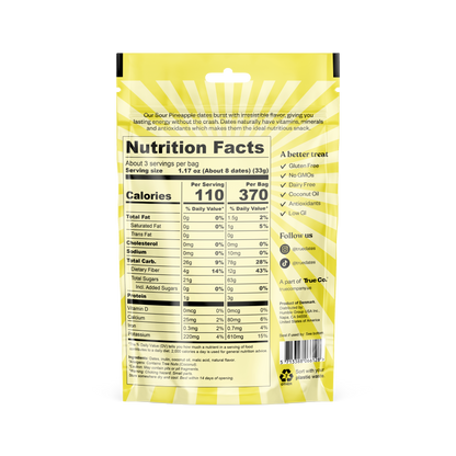 True Dates Sour Pineapple back package with ingredients and nutrition facts